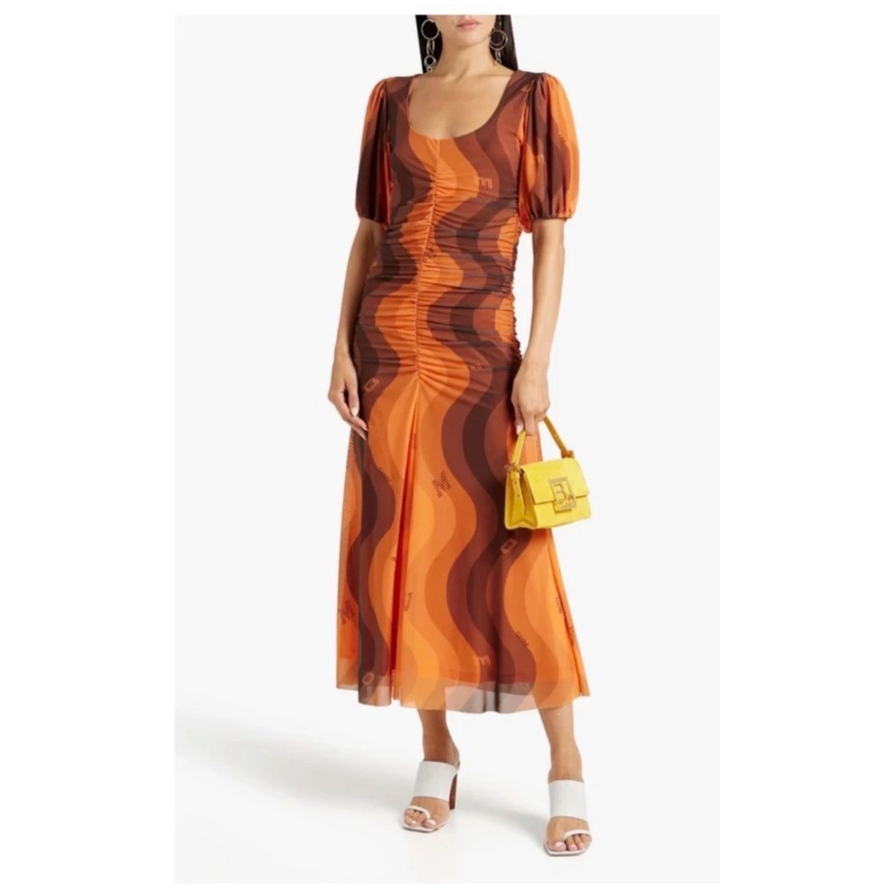 Ganni Orange Brown Wavy‎ Mesh Ruched Midi Dress T2944 Size 36